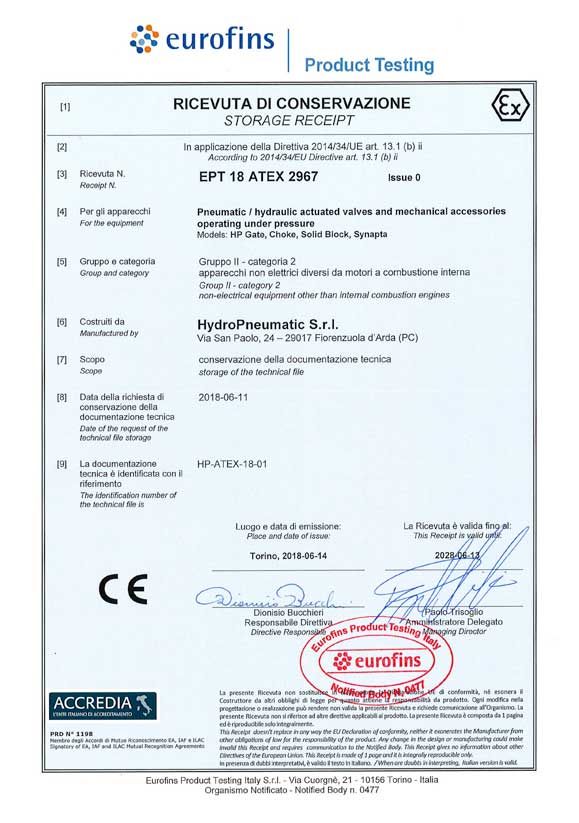 Certificate ATEX HYDROPNEUMATIC