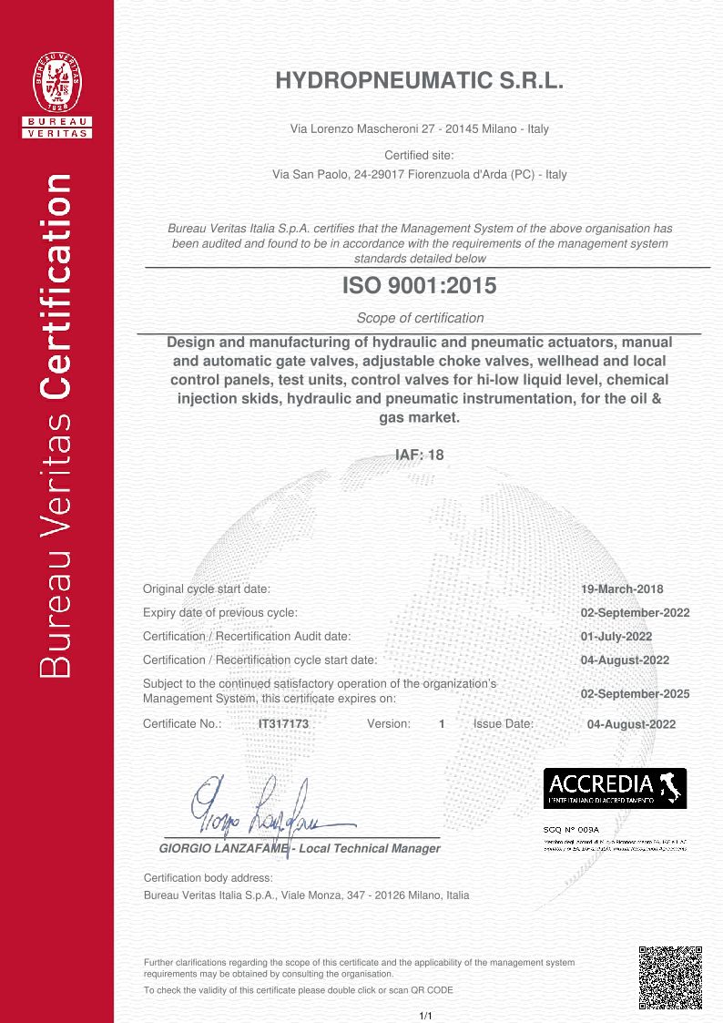 Certificate ISO:9001 HYDROPNEUMATIC