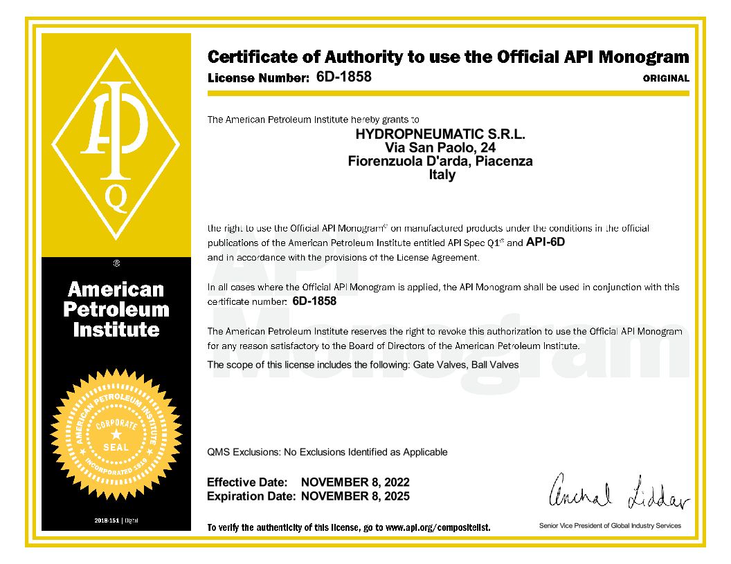 Certificate API 6D HYDROPNEUMATIC